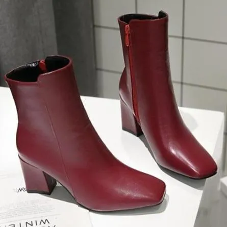 Women's chunky block heel zipper booties elegant square toe ankle boots