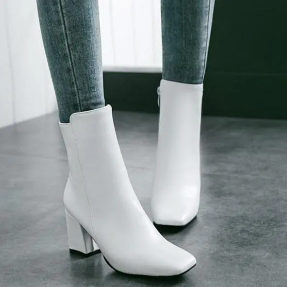 Women's chunky block heel zipper booties elegant square toe ankle boots