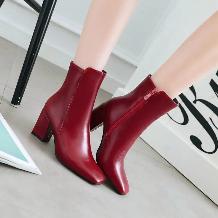 Women's chunky block heel zipper booties elegant square toe ankle boots