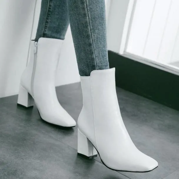 Women's chunky block heel zipper booties elegant square toe ankle boots