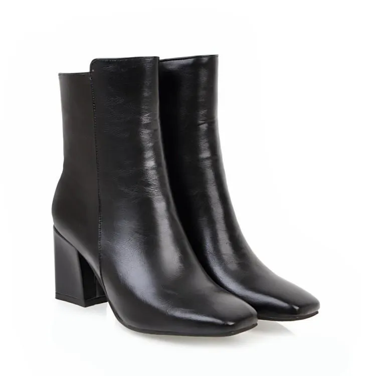 Women's chunky block heel zipper booties elegant square toe ankle boots