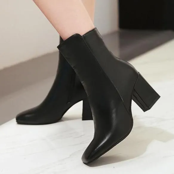 Women's chunky block heel zipper booties elegant square toe ankle boots