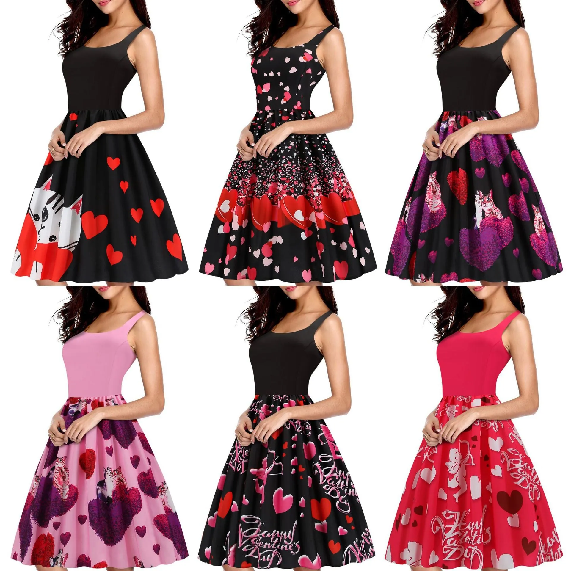 Women's Pin Up Valentine's Day Print Retro Style Swing Dress U Neck Zipper Closure Sleeveless A Line Waist Dress