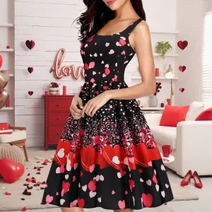 Women's Pin Up Valentine's Day Print Retro Style Swing Dress U Neck Zipper Closure Sleeveless A Line Waist Dress