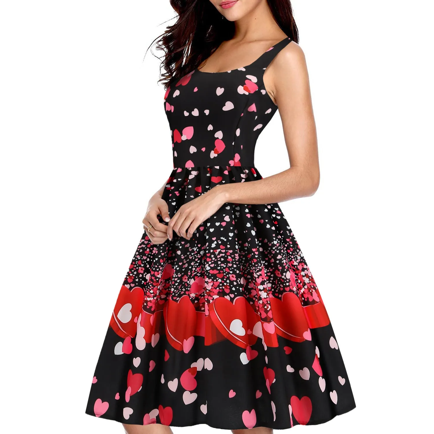 Women's Pin Up Valentine's Day Print Retro Style Swing Dress U Neck Zipper Closure Sleeveless A Line Waist Dress